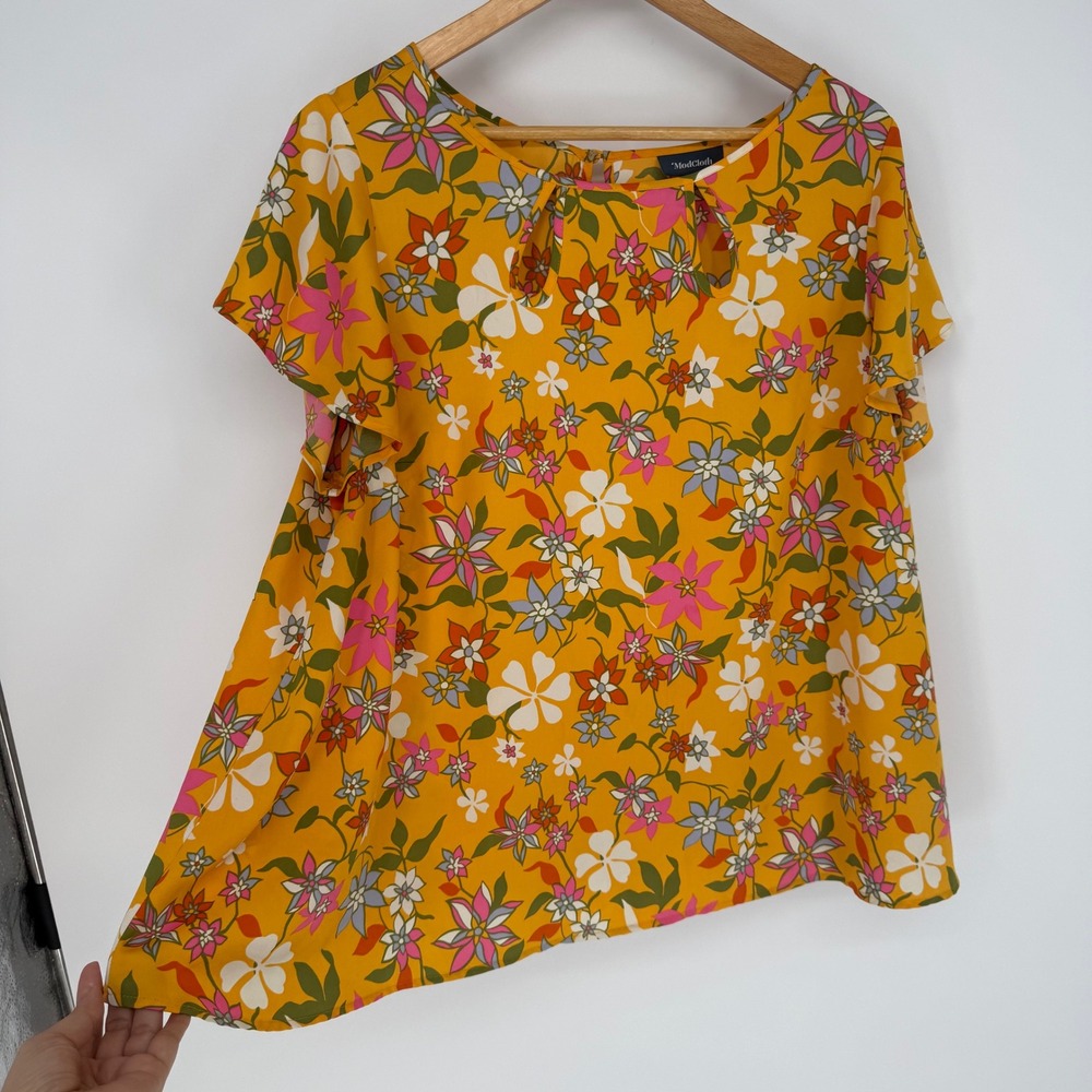 ModCloth Womens 2X Mustard Yellow Floral Short Sleeve Keyhole Blouse Retro Top - Picture 3 of 6